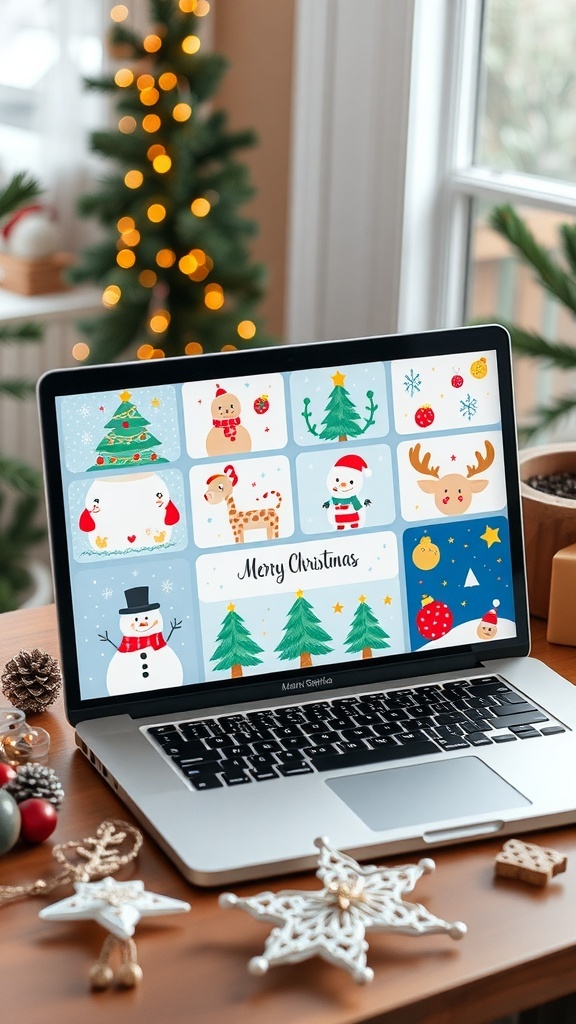 Cute Christmas wallpapers on a MacBook screen featuring snowmen, reindeer, and Christmas trees.